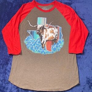 Crazy Train Brown Texas Longhorn Western Graphic Tee, 3/4 Sleeve, M